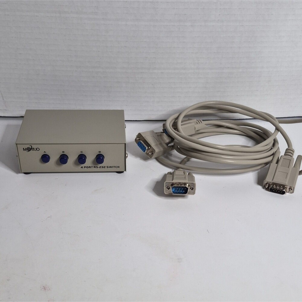 Vintage METUO 4-Port RS-232 DB9 Serial Manual Switch Box ABCD Push Button 2 Cabl